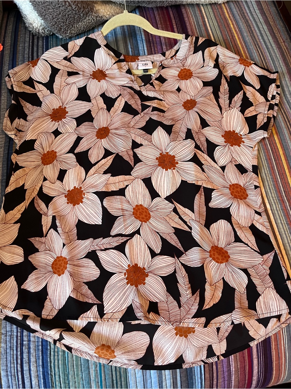 CAbi Black Orange Floral V-Neck Blouse